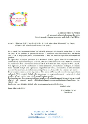 INVIO COPIA DELLA CARTA DEI DIRITTI DEI FIGLI DEI GENITORI IN SEPARAZIONE DELL’AUTORITÀ GARANTE DELL’INFANZIA E DELL’ADOLESCENZA E RICHIESTA DIFFUSIONE