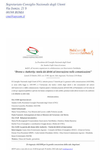 23 ottobre 2023 presso sede AGCOM seminario. consiglio nazionale utenti ” Le donne nelle Autority”