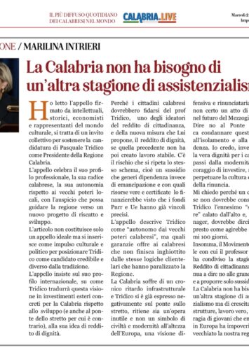 Calabria live Intrieri – La Calabria non ha bisogno di un’altra stagionedi assistenzialismo